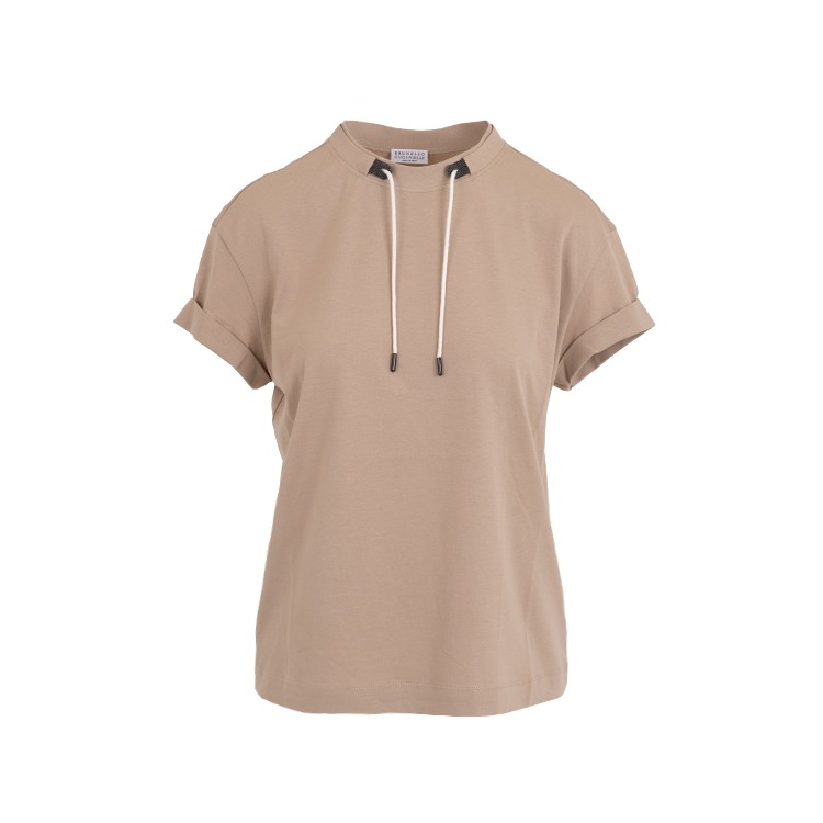 [Brunello Cucinelli] Drawstring Neck Turn-Up Sleeve T-Shirt
